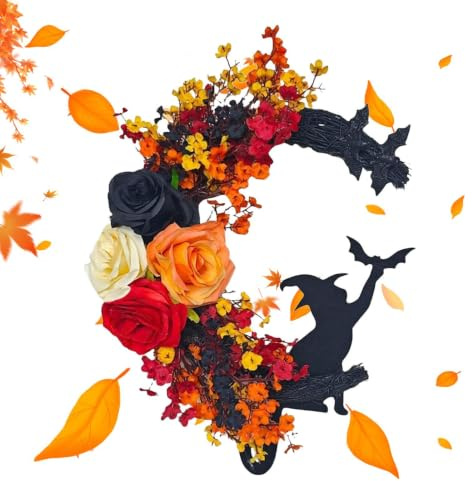 Decoración de corona de Halloween con diseño de rosa y luna con luz