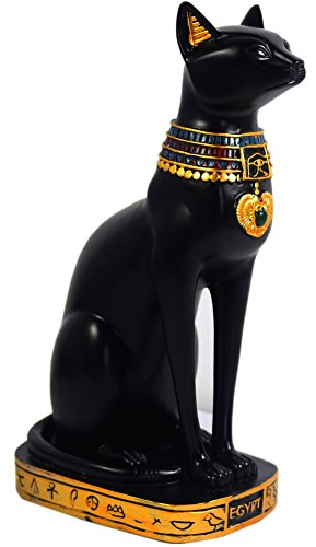 KiaoTime - Antike Ägyptische Katzenfigur, Göttin, Bastkatze, Pharaone-Figur, Katzen-Statue, Sammlerfigur, Katzen-Skulptur, Heimdeko-Statue, Kunstharz, Schwarz , 9.5 Tall