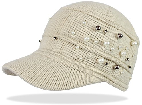 dy_mode Schirmmütze Damen Mütze Strickmütze warme Wintermütze mit Kunstperlen-Nieten Verzierung - A082 (A092-Creme)