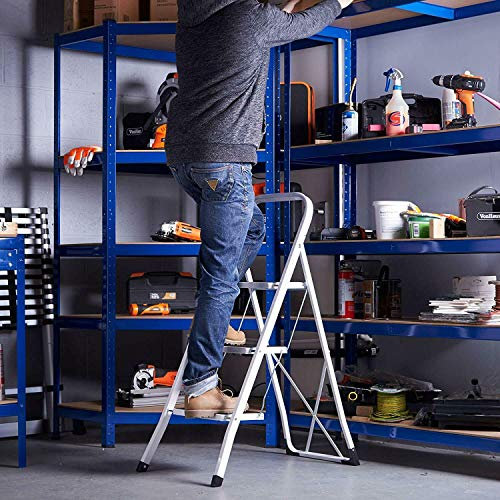 Heavy Duty Steel Stepladder 3 Tread - Foldable Portable Step Ladder, Extra Large Fold Steps Support with Non-Slip Rubber Mat Idea for Home/Kitchen/Garage 150kg Load Capacity