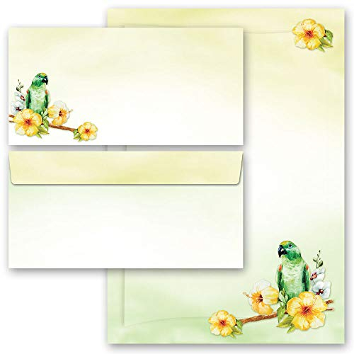 Briefpapier Sets Tierwelt, GRÜNER PAPAGEI 10 Blatt Briefpapier + 10 passende Briefumschläge DIN LANG ohne Fenster | Paper-Media