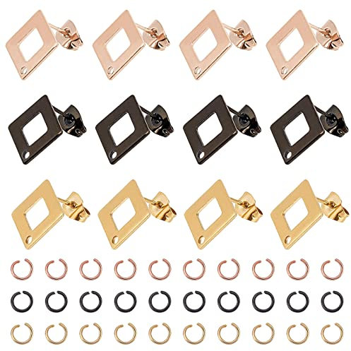 UNICRAFTALE - Pendientes de Botón de Rombo de 3 Colores con Lazo 24 Pares de Pendientes Hipoalergénicos de 0.8 mm Pendientes de Acero Inoxidable Pendientes Cuadrados para Hacer Pendientes Joyería