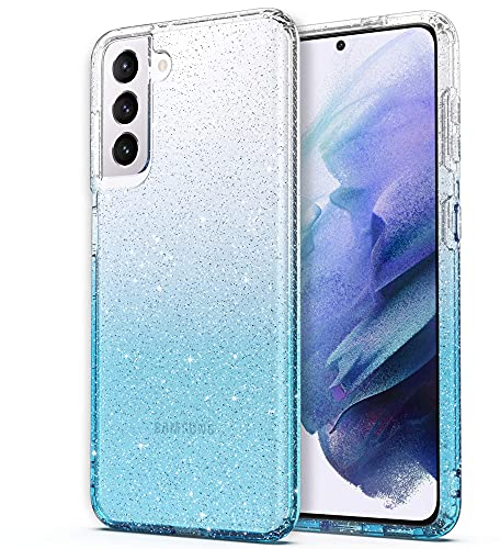 ULAK Glitzer Hülle kompatibel mit Galaxy S21, Durchsichtige Schutzhülle Hard TPU Bumper Handyhülle Stoßfest Phone Case für Samsung Galaxy S21 5G 6,2 Zoll - Hellblau