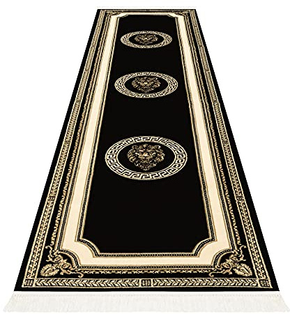 Premium Flurteppich Teppich Läufer Flurläufer Teppichläufer Flur Schlafzimmer Küche Löwe Mäander Design in Schwarz Gold - Kurzflor rutschfest weich flauschig öko tex 100% Viskose - 80x300 cm