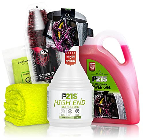 Felgenreiniger Set: Dr. Wack P21S POWER GEL Reinigung für alle Felgen + Dr. Wack Mix-Flasche + K2 PRO Felgenbürste + ChemicalWorkz Premium Mikrofasertuch 500GSM | 4-teilig