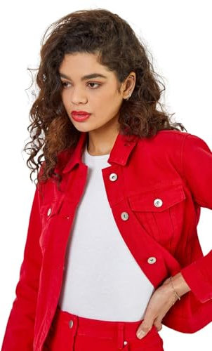 Roman Originals Jean Denim Jacket for Women UK - Ladies 100% Cotton Summer Casual Stretch Crop Smart Utility Trucker Biker Fitted Vintage Wash Faded Classic Jeans Work - Red - Size 18