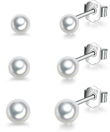 Silberne Perlen Ohrstecker für Damen | 925 Sterling Silber Ohrstecker Set | Kleine Helix Tragus Knorpel Ohrringe | 3 Paar Zirkonia Ohrstecker für Frauen Mädchen (3/4/5 mm)