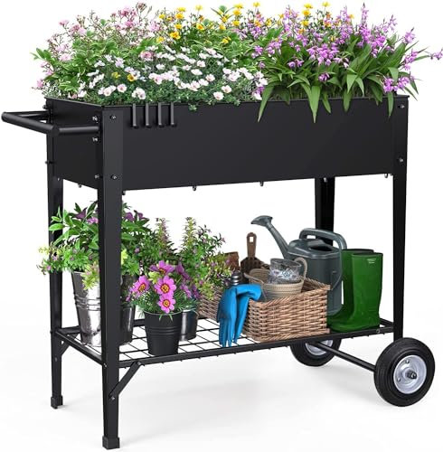 Highpro Jardinière surélevée avec roues et pieds, jardinière mobile surélevée sur roulettes, chariot de jardinière portable pour extérieur et intérieur pour légumes, herbes, plantes en pot, fleurs