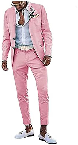 2 PC Abiti da Sposa Degli Uomini Slim Fit Peak Risvolto Sposo Smoking Due Bottoni Prom Suit, rosa, 48