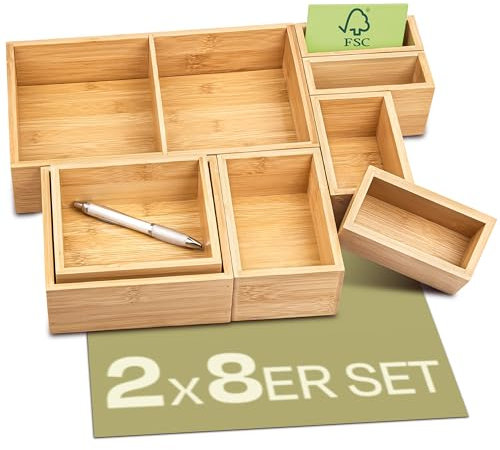 Schubladen Organizer Box 2x 8er Set - Aus nachhaltigem FSC Bambus Holz - Mit Anti-Rutsch Pads