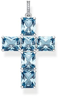 Thomas Sabo Damen Kreuz-Anhänger aus Sterling-Silber mit Zirkonia-Steinen in Blau und Weiß, PE922-059-1