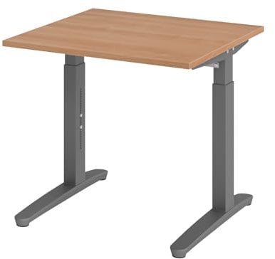 bümö manuell höhenverstellbarer Schreibtisch 80x80 in Nussbaum, Gestell in Graphit - PC Tisch höhenverstellbar & klein, höhenverstellbarer Tisch Büro, Kleiner Computertisch verstellbar