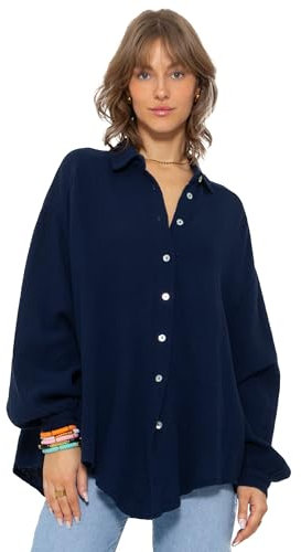 SASSYCLASSY Oversize Musselin Bluse Damen Langarm - Oversized Freizeit Look - Hemdbluse lang aus Baumwolle mit V Ausschnitt - Long-Bluse One Size (Gr. 36-48) Dunkelblau