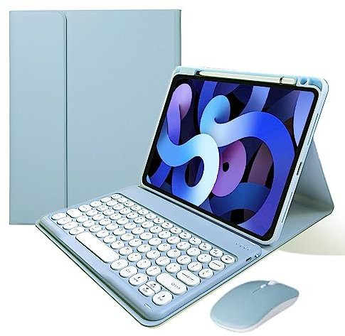 KMXDD iPad 9th 8th 7th Generation Keyboard Case with Bluetooth Mouse Round Key Cute iPad Air 3rd Gen iPad Pro 10.5 Removable Color Keyboard Cover (Mist Blue)