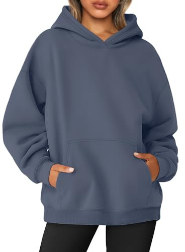 AUTOMET Damen-Sweatshirt, Übergröße, Fleece, Kapuzenpullover, Langarm-Shirt, Pullover, Herbstkleidung mit Tasche, Dustyblue, M