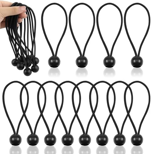 Tarpaulin Bungee Cords with Balls, 12PCS Durable Portable Black Adjustable Flexible Bungee Straps Wrapping Rope for Banner, Tarpaulins, Tarpaulin Holder, Flag Poles