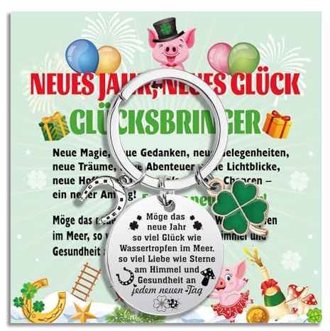 HOWAF Glücksbringer Silvester 2026, Silvester Glücksbringer Schlüsselanhänger Kleeblatt Hufeisen Viel Glück Glücksbringer Schlüsselanhänger Glücksschwein Karte für Silvester Geschenk Neujahr 2026