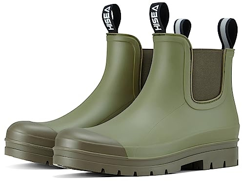 HISEA Women's Short Rain Boots Fashion Waterproof Chelsea Boots Ankle Garden Shoes for Ladies Non Slip Outdoor Work Booties Lightweight Rubber Rainboots with Comfort Insole, Size 8.5 Olive Green
