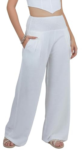 Lofbaz Women Linen Palazzo Wide Leg Pants Flowy Lounge Casual High Waist Trousers Summer Beach Boho Long Pant with Pockets Off White 2XL