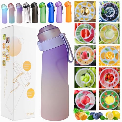Trinkflasche Starter Set mit 10 aromatischen Waffeln, Trinkflaschen 650 ml, Fruchtgetränke, Duft Süßwasser E%0 Tasse Wasser für und Outdoor Fitnessstudio (Gradient Purple+10Pods)