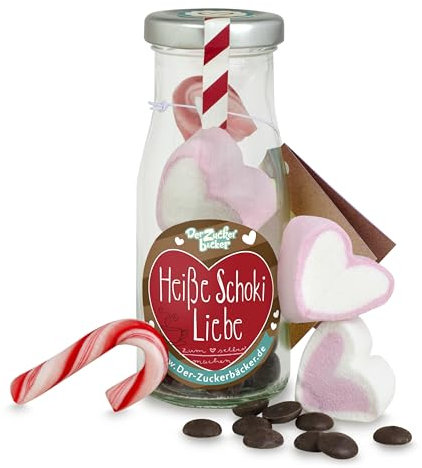 DIY Heiße Schoki Liebe – Valentinstag Schokolade als Geschenk-Idee für die Liebsten, gefüllt mit Zartbitter Schokolade, Marshmallow in Herzform und Zuckerstange