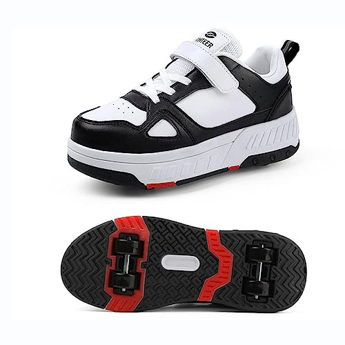 GeRRiT Schuhe Mit Rollen Versenkbarer Technischer Skateboardschuhe Sport Schuhe Kinder Rollschuhe Outdoor Turnschuhe Jungen und Mädchen 4 Rollschuhe,Black-39EU