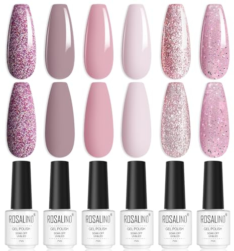 ROSALIND Smalto Semipermanente Unghie, 6 Colori Glitter Rosa Viola Smalti Semipermanenti per Unghie Soak-Off Smalto Gel Unghie UV per Principianti Nail Art
