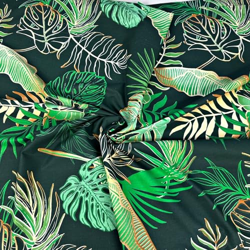 Textrend Baumwollstoff Stoffe Meterware - Stoff zum Nähen - 100% Baumwolle - Baumwollstoff mit Blättern - Stoffe Meterware (Monstera und Bananenblätter mit Blumen auf einem grünen Hintergrund)