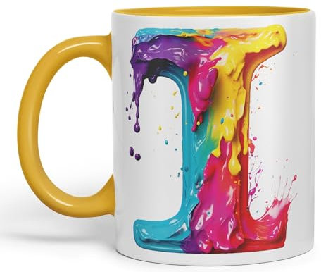 Vixar Letter I Mug, Alphabet Letter I Monogram Watercolour Ceramic Coloured Mug Cup for Tea Coffee Hot Brew 330ml 11Oz Gift (G Yellow)