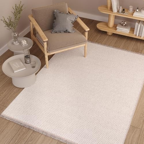 TAPISO Agra Teppich Creme Beige Kariert Schlingen Teppich mit Fransen Modern Boho Design Weich Loop Optik Wohnzimmer Schlafzimmer ÖKO-TEX 240 x 340 cm