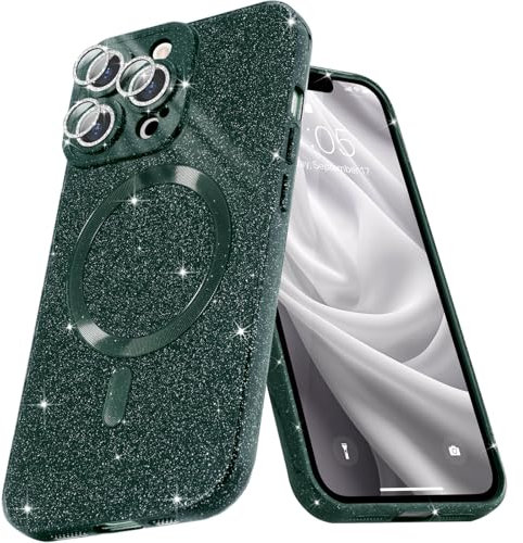 Micoden Coque Magnétique pour iPhone 13 Pro Max Etui à Paillettes Brillant Compatible avec MagSafe Charge sans Fil Housse de Protection Antichoc pour Appareil Photo Glitter Silicone TPU Souple,Vert