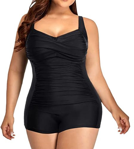 Maillot De Bain Femme 1 Pieces Short Grande Taille Bretelles Froncé Devant Une Pièce Swimsuit Rembourré Amaincissant Beachwear Monokini Mesh Pas Cher Été Chic Contrôle du Ventre