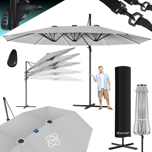 KESSER® Sombrilla, 4,6m x 2,7m Sombrilla - Cubierta y Protección Contra el Viento, Con Manivela y Soporte, Aluminio, Hidrófuga, Inclinable - Inclinable, Orientable 360°, Gris Claro - Con LED