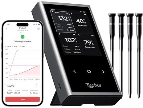 Typhur Sync Smart Wireless Meat Thermometer - 4 Probes 6 Sensors, 122m Bluetooth 5.3, Stable Unlimited Range WiFi Monitoring, IPX8 Waterproof for BBQ Grill Oven Smoker Air Fryer Food Cooking Kitchen