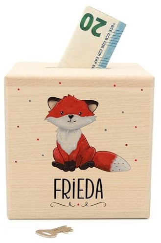 Muckelmeister Spardose Kinder Personalisiert mit Namen aus Holz - 10x10x10cm - Spardose mit Schloss und Schlüssel - Taufgeschenke für Mädchen und Jungen - originelle Geschenke zur Geburt – Fuchs
