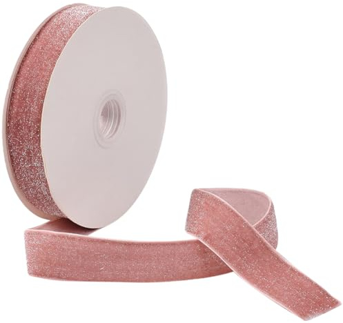 CABODYALS Ruban à Paillettes Rose de 9.14 m et 25mm en Velours Corail Clair Ruban Simple Face en Polyester Métallisé Argenté Rouleaux de Tissu Doux avec Bobine pour la Fabrication de Colliers D'Emball