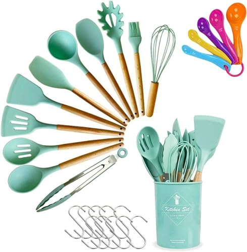 27-Piece Non-Stick Silicone Kitchen Utensil Set with Wooden Handles, Utensil Holder, Measuring Spoons, Hooks, and Essential Tools for Cooking, Baking, Frying, and Serving