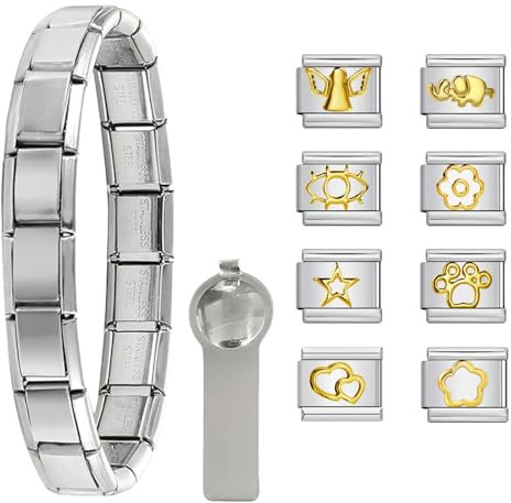 Bzzerumy Italian Charm Bracelet, Edelstahl Mit 18 Charms, DIY Personalisierbar, Inklusive Werkzeug,Als Geschenk Für Besondere Anlässe
