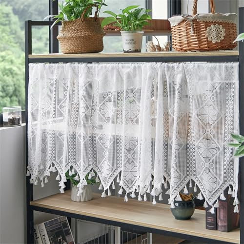 Scheibengardinen Transparent mit Stickerei Landhausstil Kurzgardine Boho Kurze Hohle Stickerei Vorhänge, Küchengardinen für Esszimmer Badezimmer Klein Fenster (1 Stüick, BxH 130x60 cm,Weiß)