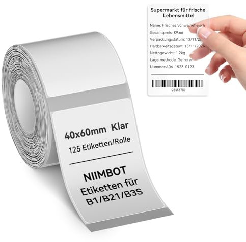 NIIMBOT Etiketten Selbstklebender Etikettenband für B1 / B21 / B3S Etikettendrucker, 40 x 60mm 125 Etiketten/Rolle, 1 Rolle Thermo-Etikettenband für Supermärkte, Einzelhandel, Büro, Klar, Transparent