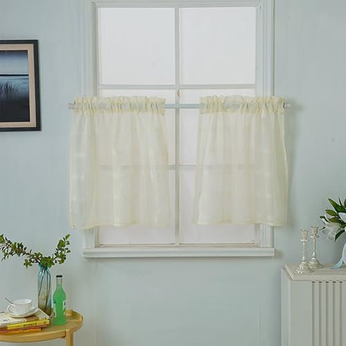 Skcess 1PCS Fenstervorhang Beige Gelb, Polyester Sheer Vorhang Einfarbig Gestreift Gardinen Kurz 137X90CM