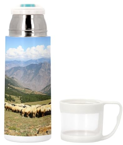 Stainless Steel Thermos with Built-In Cup – Sheep on Pasture Alpine Mountain Landscape Nature – 350 ml – Insulated Bottle