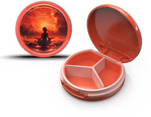 Serfeymi Tablettenbox 3 Fächer Pillendose Wasserdichte Medikamentenbox Pillenbox für Reise & täglichen Fächern für Medikamente,Vitamine, Fischöl,Nahrungsergänzungsmittel - Orange(Meditation)