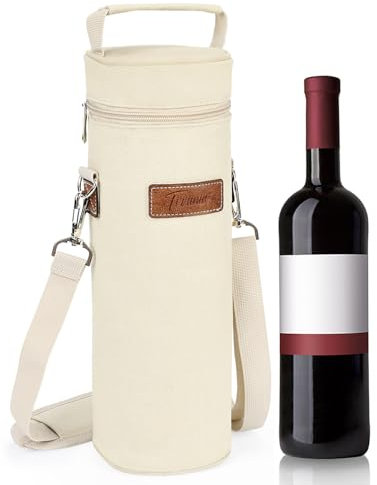 Kato Tirrinia Single Wine Cooler Bag 750ml, Insulated Bottle Bag with Shoulder Strap, Portable Bottle Carrier for Travel Picnic, Padded Bottle Gift Bag for Wine Lover, Beige