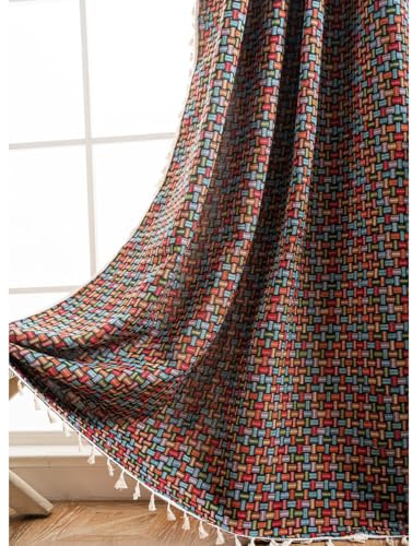 Tokusyou Bohemian Gardinen Vorhänge Vintage Boho Landhausstil Leinenoptik Baumwolle Geometrisch Jacquard Bunt Vorhang mit Quaste Rod Pocket für Wohnzimmer Schlafzimmer 1 Stück B150×H240cm
