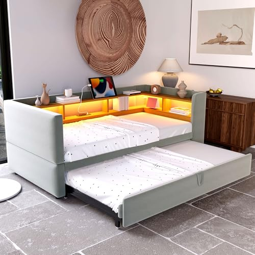 Oxtao Polsterbett Ausziehbares Schlafsofa 90/180 x 190 cm, Einzelbett mit LED USB Steckdosen, Daybett mit Vielen Ablagefächern, Flanell, ohne Matratze (Hellgrau)