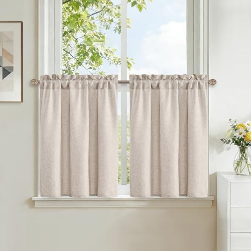 DWCN Fönstergardiner modern sandfärg gardiner korta H 45 x 60 cm, 2 stycken gardiner, linne med stånggenomföring, köksgardiner för bistrogardin, skåpgardin, vardagsrum, fönstergardiner, lantlig stil