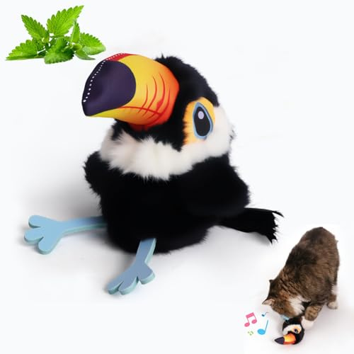 Auveach Katzenspielzeug Vogel Interaktives Zwitscherndes Elektrisch Fliegender Vogel Katzenspielzeug mit Katzenminze, 3 Modi Berührungsaktiviert, USB-Aufladbar (Fliegt Nicht, Schwarz)