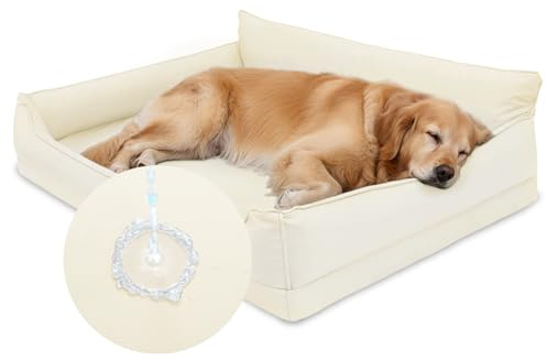 Favodormir Orthopädisches Hundebett,Wasserdicht Kunstleder Hundekissen | 111x81 cm,Beige,Hundekorb für Grosse,Leicht zu Reinigen,Waschbar Hundesofa mit Rutschfester Boden, Rundum Erhöhter Rand