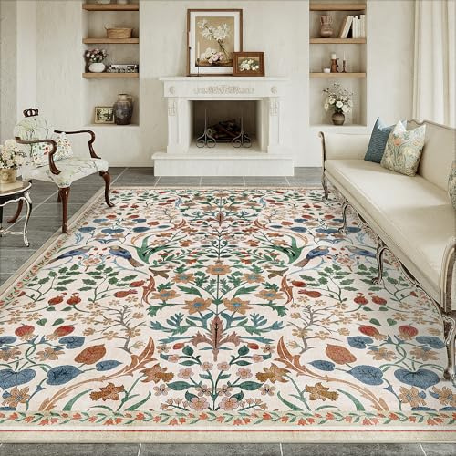 PureCozy Teppich Wohnzimmer 200x300cm Waschbarer Blumenmuster kurzflor rutschfest Weich Boho Vintage Teppiche Groß für Schlafzimmer Esszimmer Bedroom Living Room, Beige